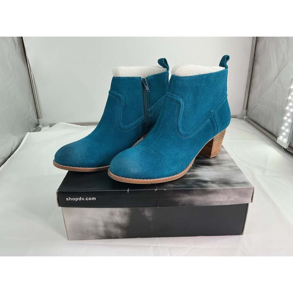 DV Dolce Vita Teal Suede Ankle Boots Western Block Heel Booties New
